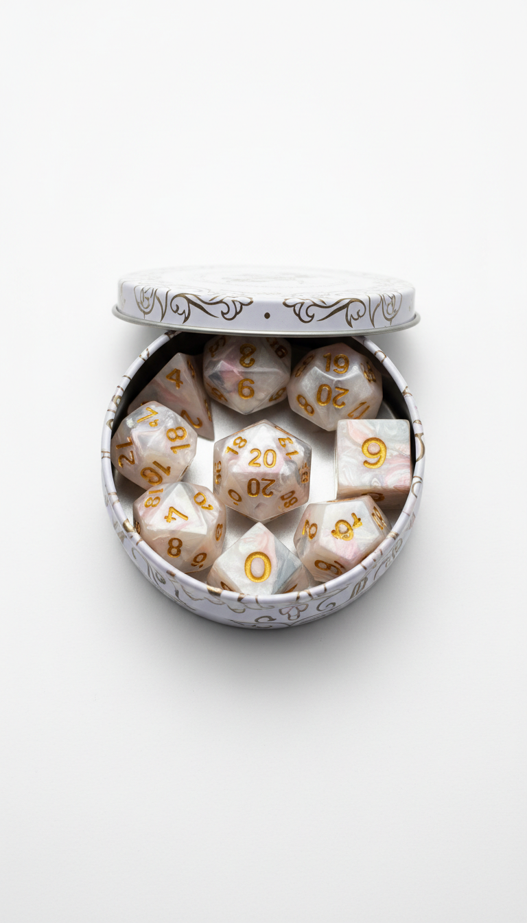 Pearl White Dice Set in Decorative Tin