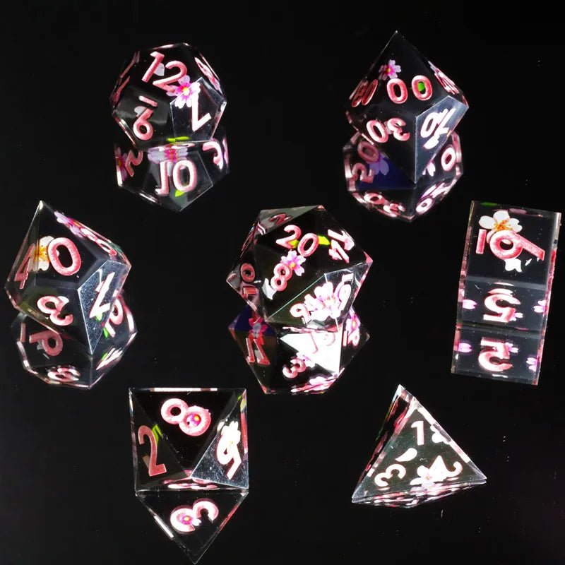 Anime Sakura Pink DND Dice Set Resin Polyhedral Dice with Floral Design for Dungeons & Dragons RPG Table Games & Gift