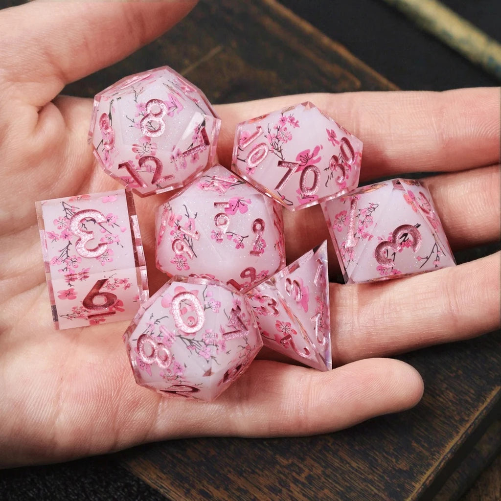 Anime Sakura Pink DND Dice Set Resin Polyhedral Dice with Floral Design for Dungeons & Dragons RPG Table Games & Gift