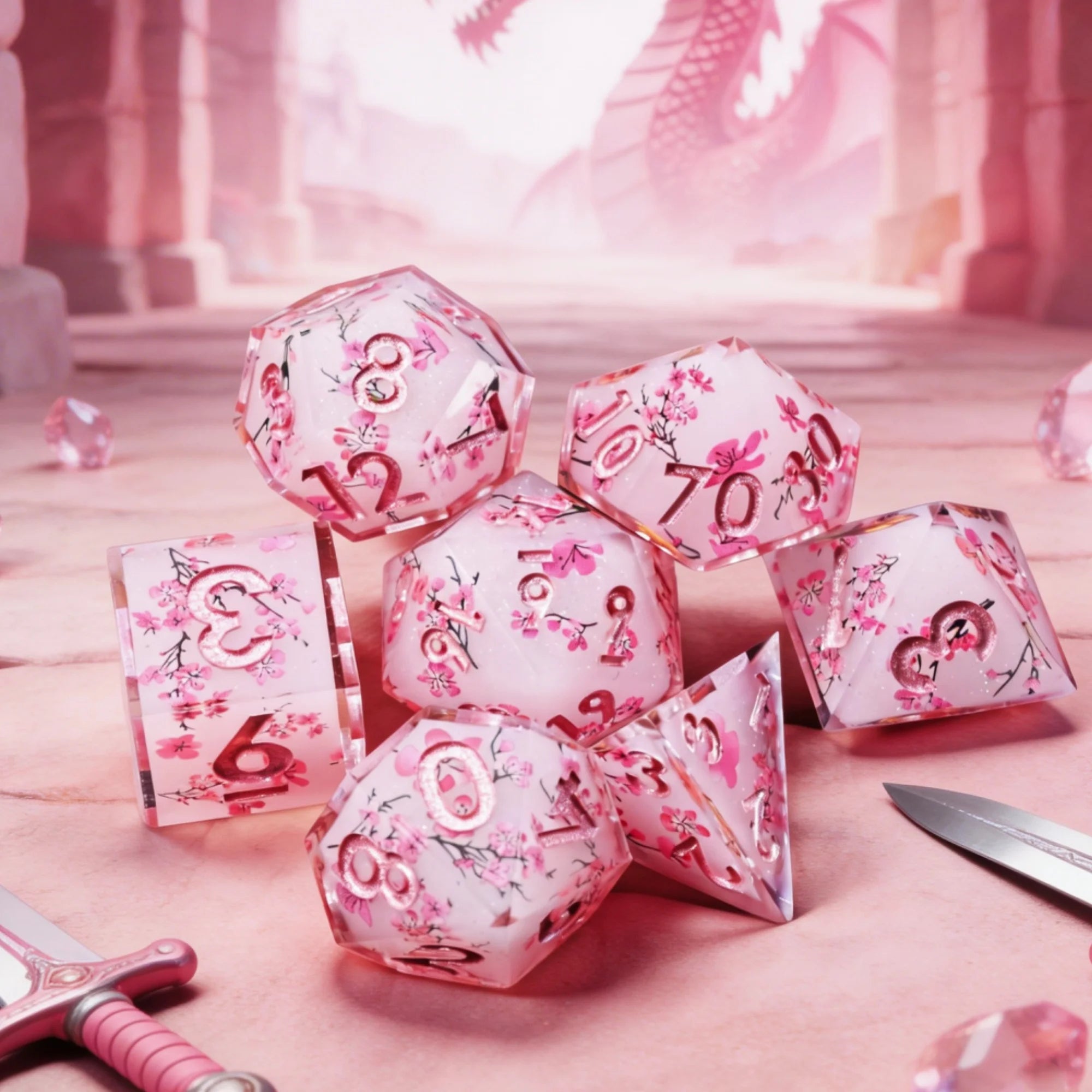 Anime Sakura Pink DND Dice Set Resin Polyhedral Dice with Floral Design for Dungeons & Dragons RPG Table Games & Gift