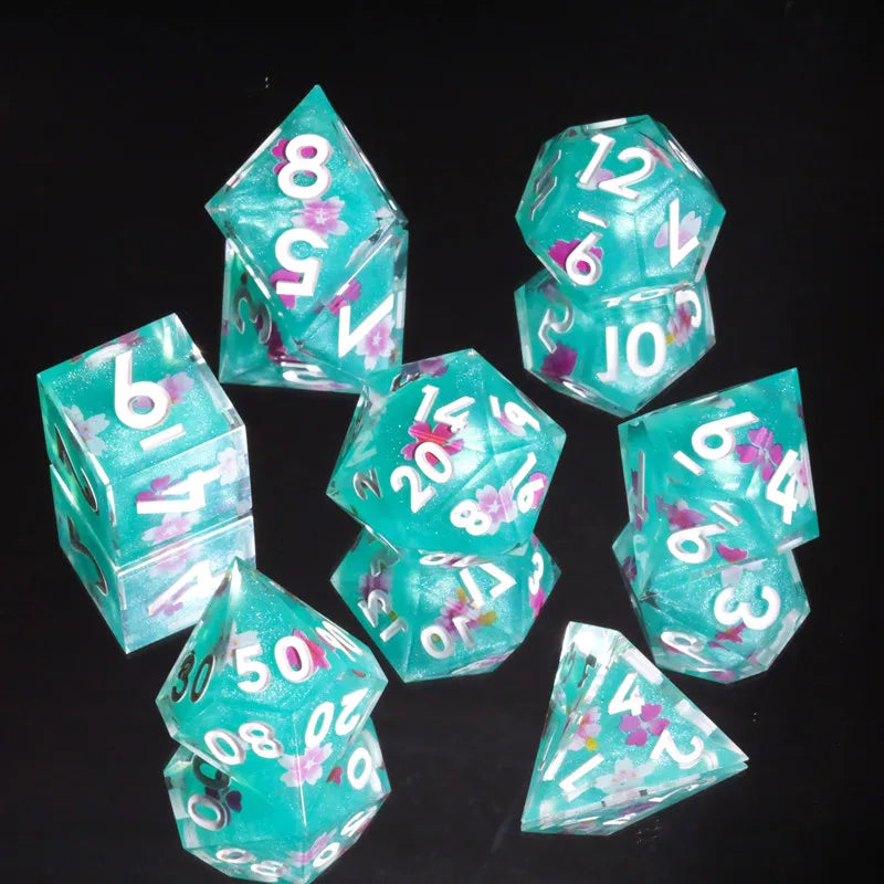 Anime Sakura Pink DND Dice Set Resin Polyhedral Dice with Floral Design for Dungeons & Dragons RPG Table Games & Gift